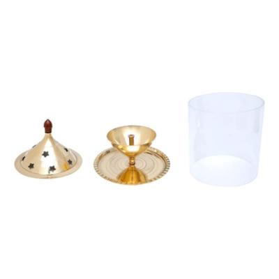 Brass Diya with Glass Cover - 7 inch_Glass Oil Lamp,Durga Pooja Cylindrical Shaped Diya,